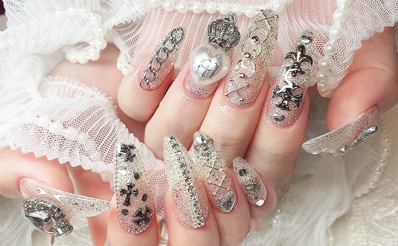 【No.6】量産型地雷韓国　ネイルチップ　ツイード×ハートおっぽNail